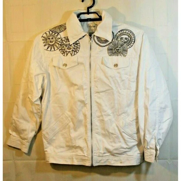Cedars Jean Jacket Vintage White Denim Lined Starburst Metalic Gold Womens Sz S - Picture 3 of 8